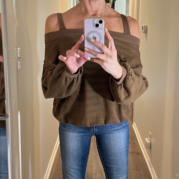 Free People Brown Off the shoulder shirt semi cropped long sleeve waffle top - Picture 5 of 15